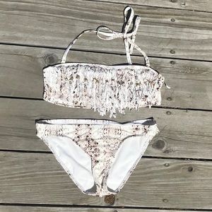 Snake-print Bandeau Bikini with Fringes